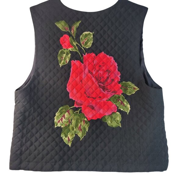 Susan Bristol Size 8 Winter Rose Quilted Vest Floral Button Black USA Deadstock - Picture 2 of 9